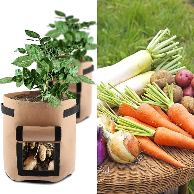 ELEOPTION Plant Grow Bags 7 Gallon 2PCS, Non-Woven Garden Potato Carrot Tomato Vegetable Planting Bag with Handles and Flap, Fabric Pots Heavy Duty Planter Bags (Brown)