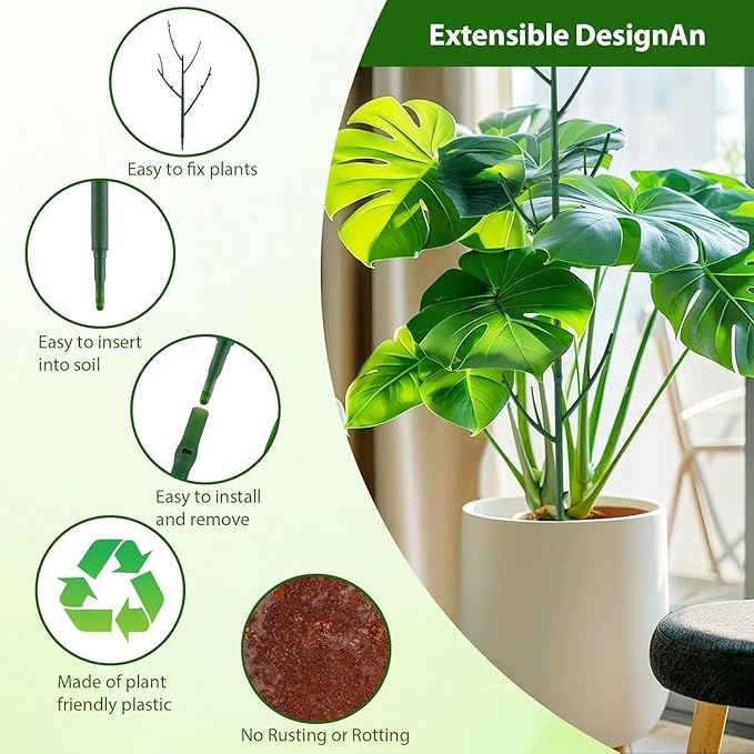 11 Pack Plant Support Set, 5pcs Plant Stakes and 6pcs 17inch Plant Sticks with Extension Poles, Plant Clips, Plant Ties for Potted Monstera Plants, Climbing Plants Tall Potted Plants