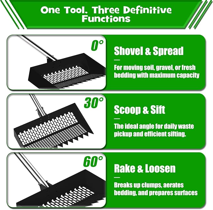 Chicken Poop Scooper & Rake 2-in-1 – 12 Inch Shovel Head & 3-Angle Adjustable Stainless Steel Handle, Chicken Litter Scoop and Coop Rake & Sand Sifting Shovel for Chicken Coops, Black