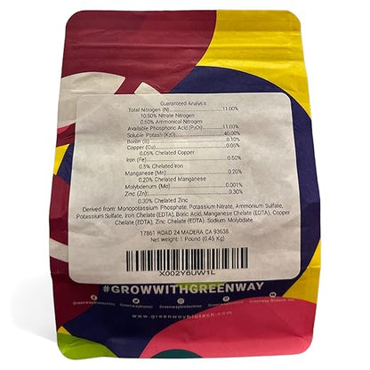 Greenway Biotech, Inc. Pepper & Herb Fertilizer 11-11-40 Powder - Water Soluble with Chelated Micronutrients for Hot & Bell Peppers Basil - Hotter Peppers Aromatic Herbs - Hydroponics & Soil - 1 LB