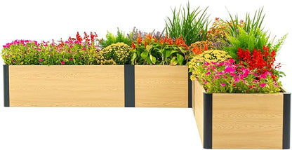 Vego garden Woodgrain Series Raised Garden Bed, 16" Tall Wooden-Look 8' x 8' L-Shaped Metal Planter Box Outdoor for Vegetables, Flowers, Herbs