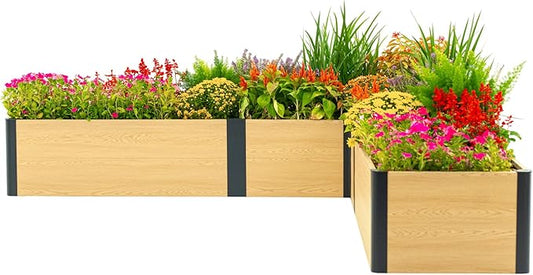Vego garden Woodgrain Series Raised Garden Bed, 16" Tall Wooden-Look 8' x 8' L-Shaped Metal Planter Box Outdoor for Vegetables, Flowers, Herbs