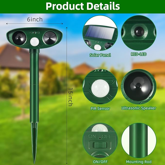 2026 Upgraded Solar Ultrasonic Animal Repellent Outdoor Cat Deer Repellent with Motion Sensor IP65 Waterproof Squirrel Raccoon Fortress Pro Keep Rodent Rabbit Dog Out of Yard Garden Farm,4 Pack