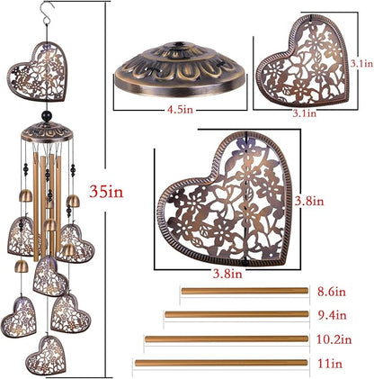 Outdoor Hearts Wind Chimes, Bronze Wind Chimes, Heart-Shape Wind Bells Gifts for Mom & Women, Heart Memorial Wind Chime for Home, Garden, Indoor, Outdoor Decoration, Garden Windchimes