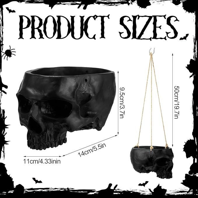 2 Pack Hanging Skull Planter Pot with Ropes Gothic Skeleton Plant Pot Skull Candy Bowl for Succulent Plants Flowers Horror Head Wall Decoration