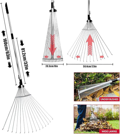 Adjustable Metal Leaf Set 65" Adjustable Handle Rake Set,32-63" Handle, 8-23" Wide with 72-Gallon Leaf Scoops&Bag-Heavy Duty Garden Rake for Lawns, Shrubs, Grass, Flower Beds & Outdoor Use