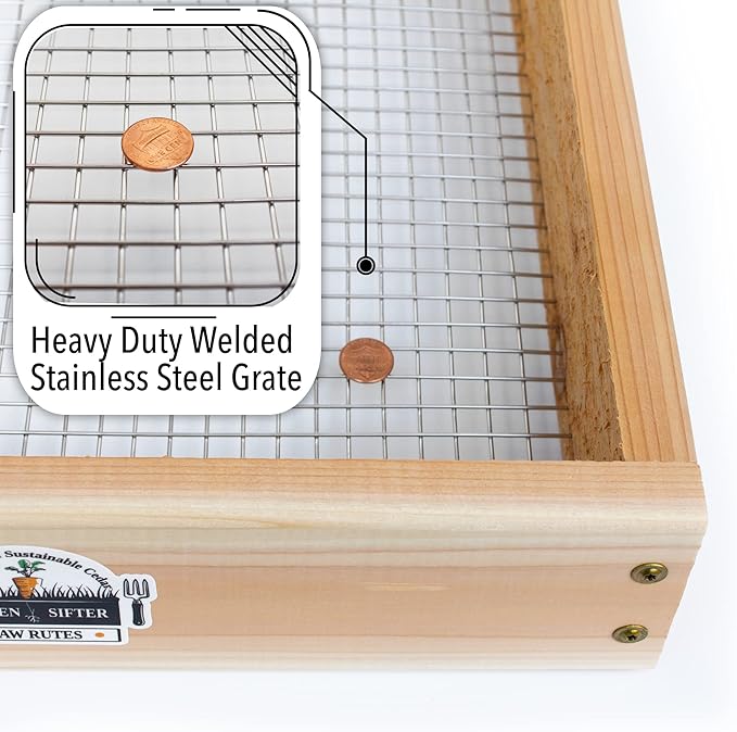 Cedar Garden Sifter for Compost, Dirt and Potting Soil - Handcrafted in The USA - Sustainable Cedar - Heavy Duty Stainless Grate (Handheld)