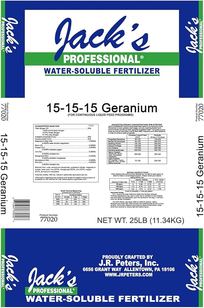 Jack's Professional 15-15-15 Geranium Water-Soluble Fertilizer with Micronutrients for Root Growth and Bud Set in Geraniums Grown in Continuous Liquid Feed Programs, 25lbs