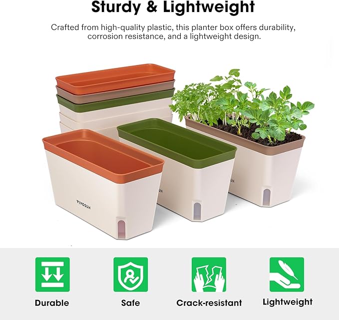 VIVOSUN Self-Watering Planters, 12-Pack 10.5 Inch Compact Rectangular Window Herb Planter Box with 10 PCS Plant Labels, Plant Container for Basil, Flowers, Succulents, Indoor & Outdoor