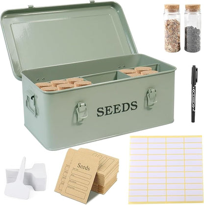 Seed Storage Organizer, 4 Compartment Seed Storage Box with Safety Lock, Metal Seed Box Seed Packet Container with 1 Pen, 12 Slots, 20 Plant Labels & 30 Seed Envelopes, Green Gardening Gift