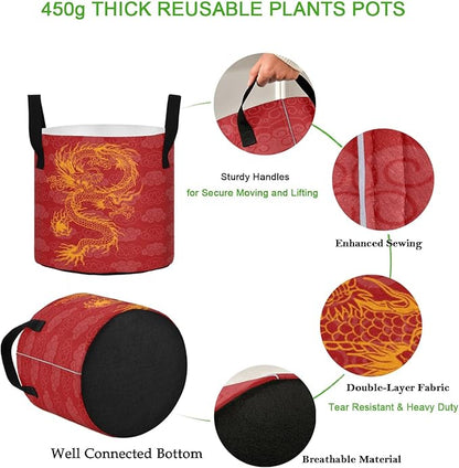 5 Gallon Chinese Propitious Cloud Dragon Red Breathable Potato Grow Bags Heavy Duty Planter Pot Containers with Handles for Tomato Fruits Flowers Vegetables
