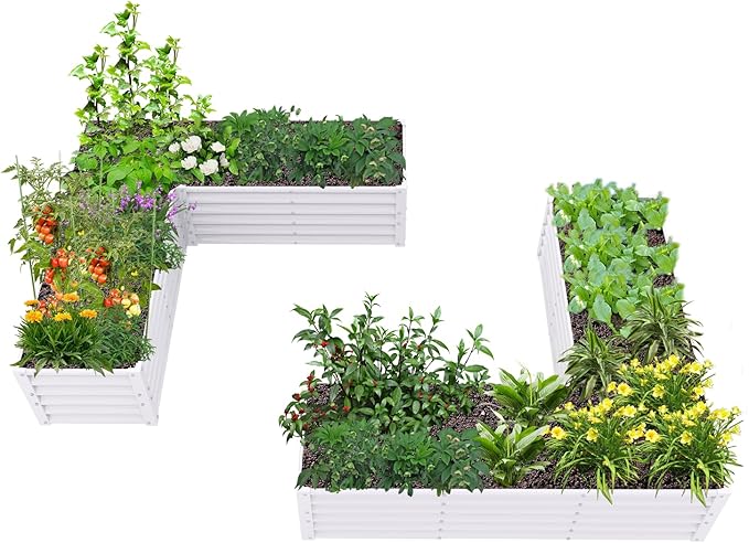 A ANLEOLIFE 2 Set L-Shaped Galvanized Raised Garden Beds Outdoor,74x74x18in Large Metal Planter Box for Planting Vegetables Flowers Herb, Anti-Rust & Easy-Setup, Antique White