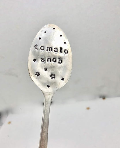 Tomato SNOB Garden Marker Stake Hand Stamped with Stars and Dots Recycled Spoon