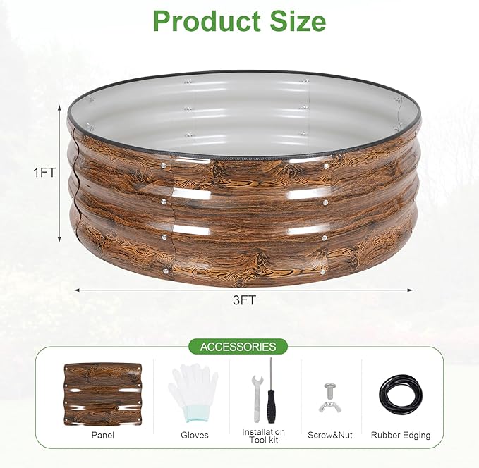 Galvanized Raised Garden Bed- 2Pcs Metal Planter Boxes Outdoor | 12" Tall 36" Round Steel Raised Bed Kit & Fire Pit Ring for Gardening with Protective Tape for Vegetables (Wood Grain)