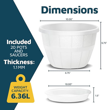 10-Inch Whiskey Barrel Planters Outdoor Pack of 20 - Durable Plastic Plant Pots for Indoor & Outdoor Use with Drainage & Saucer, Lightweight Rustic Barrel Planters for Flowers, Herbs & Small Plants