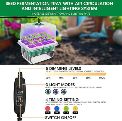 Seed Starter Tray with Grow Light,5 Pack 60 Cells Seedling Tray Kit Reusable & Dishwasher Safe for Starting Vegetable, Flower & Herb Seeds Indoor Grow Kit for Deep-Rooted Seedlings