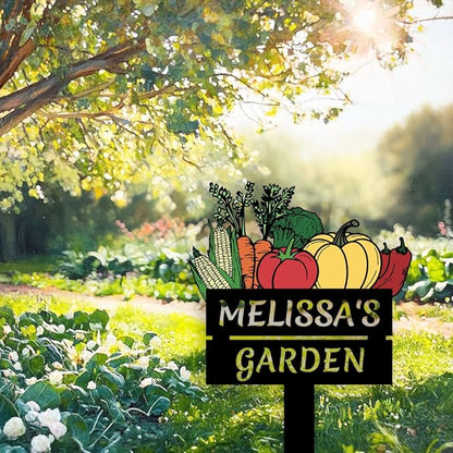 Custom Vegetable Garden Stake Outdoor Decor Yard Sign, Personalized Colorful Metal Garden Plaque Farmhouse Decorative Vegetable Name Sign with Stake, Corn Carrot Tomato Pumpkin Gardening Sign