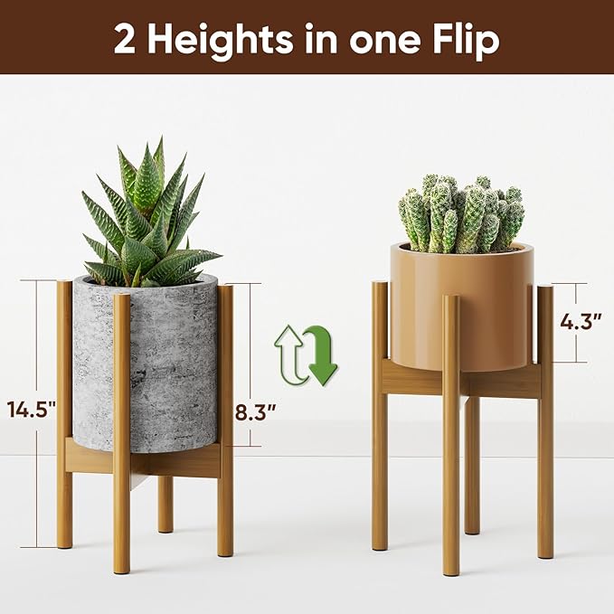 MUDEELA Plant Stand for Indoor Plants: Adjustable Width Fits 8-12 Inch Pots - Mid Century Modern Bamboo Plant Stand - 14.5 Inch Single Tier Small Floor Plant Holder, Light Brown, 1 Pack (Without Pot)