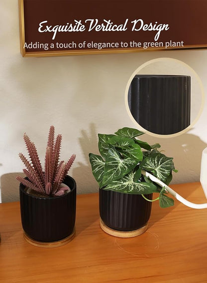 TAMAYKIM 4 Inch Small Plant Pots Indoor, Ceramic Flower Pot with Drainage Hole and Tray, Modern Vertical Pattern Planter for Succulents, Snake Plant, Aloe, Herbs, Black, Set of 4