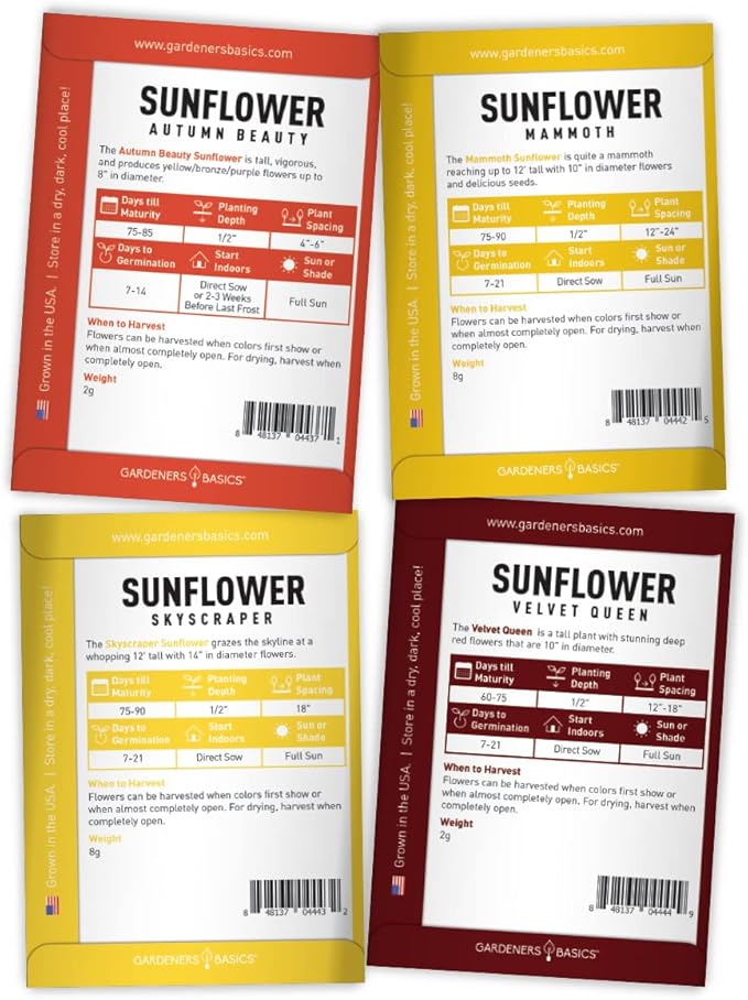 Gardeners Basics Sunflower Seeds for Planting Flowers - Velvet Queen, Skyscraper, Lemon Queen, Giant, Autumn Beauty, Chocolate Cherry, Dwarf Sunspot and Mammoth Bulk Outdoor Flower Garden, Pack of 8