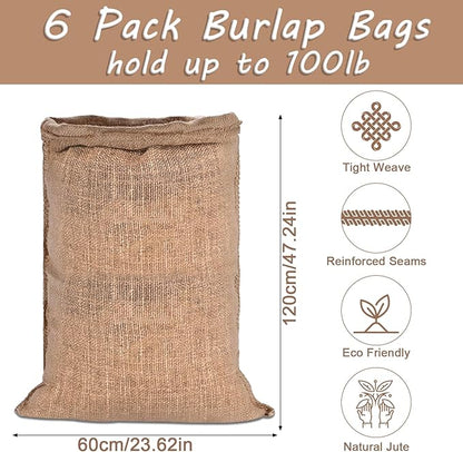 Kmise Burlap Potato Sack Race Bags (Pack of 6),48"x25" Large Natural Jute Burlap Sacks for Kids & Adults, Reusable Eco-Friendly Grow Bag for Field Day Games, 3-Legged Races & Harvest Storage
