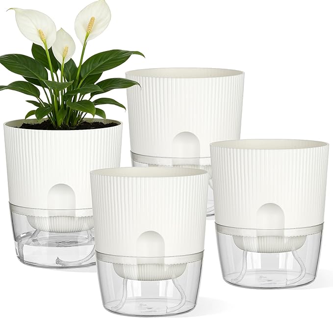 Plant Pots, 4 Pack 5.7 Inch Self Watering Pots for Indoor Plants, Flower Pots with Deep Reservoir and Drainage Holes - White