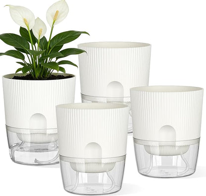 Plant Pots, 4 Pack 5.7 Inch Self Watering Pots for Indoor Plants, Flower Pots with Deep Reservoir and Drainage Holes - White