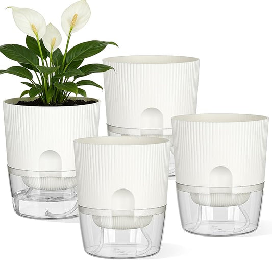Plant Pots, 4 Pack 5.7 Inch Self Watering Pots for Indoor Plants, Flower Pots with Deep Reservoir and Drainage Holes - White