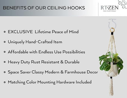 RTZEN Plant Hangers Indoor or Outdoor - Wrought Iron Metal Hanger Indoor Hook - Heavy Duty Wall Bracket Hooks for Hanging Plants Baskets Lanterns Wind Chimes - 2 Pack (Large White Ceiling Hooks)