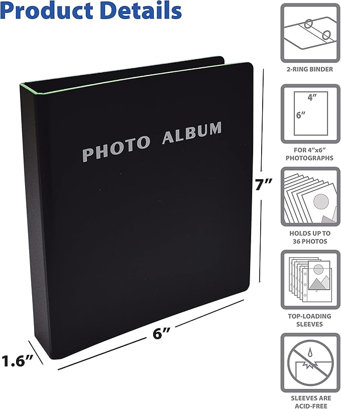 Better Office Products Photo Album for 4x6 Pictures, 2-Ring Mini Hard Cover Photo Binder, Holds 36 4x6 Photos with Clear Heavyweight Pocket Sleeves, (Black)
