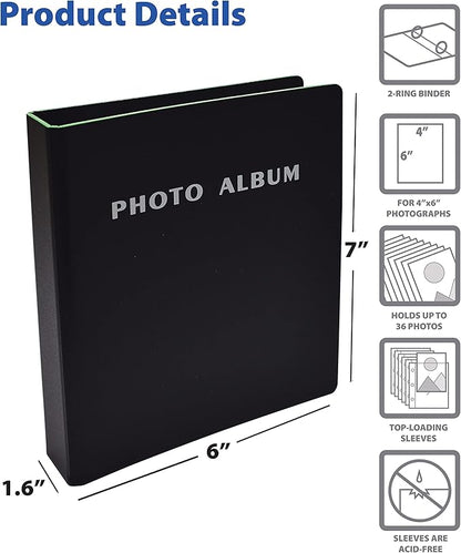 Better Office Products Photo Album for 4x6 Pictures, 2-Ring Mini Hard Cover Photo Binder, Holds 36 4x6 Photos with Clear Heavyweight Pocket Sleeves, (Black)