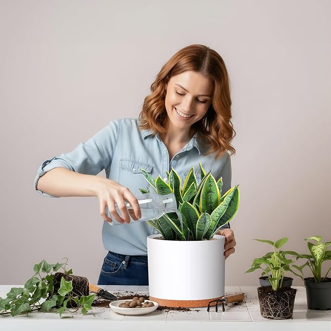 (3 Pack) 10 Inch Plant Pot with Drainage and Saucers, 10/9/8 Inch Plastic Plant Pots for Indoor Plants, Modern Round Planter Set for Flowers, Herbs, Garden Decor (White-Brown)