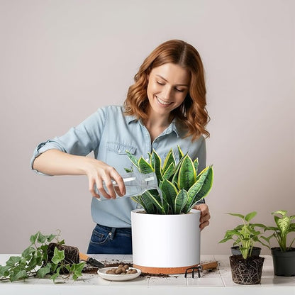 (3 Pack) 10 Inch Plant Pot with Drainage and Saucers, 10/9/8 Inch Plastic Plant Pots for Indoor Plants, Modern Round Planter Set for Flowers, Herbs, Garden Decor (White-Brown)