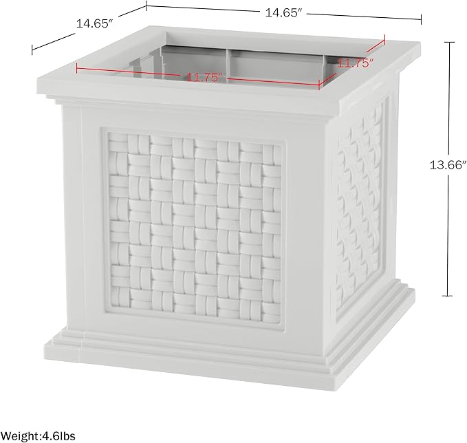 Rattan Style Outdoor Planter Box - 14.65-Inch-Square Decorative Flower or Plant Pot - Garden, Patio and Front Porch Decor by Pure Garden (White)