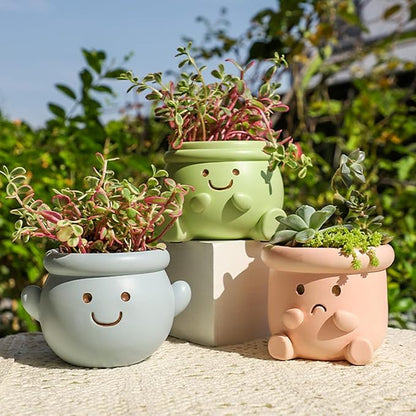 Cute Face Planter Pot, Small Resin Head Planters for Indoor Plants, Funny Smiling Face Flower Pot Succulent Planter with Drainage Hole, Gift IdeaI for Birthday Christmas (Blue)