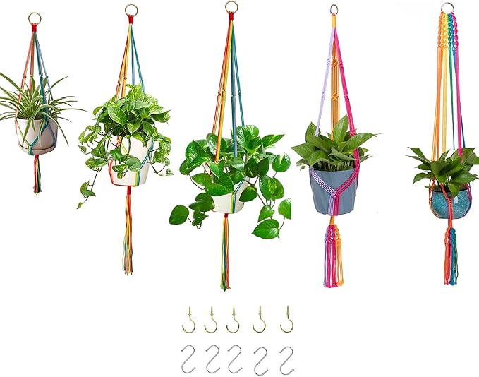 Rainbow Macrame Plant Hangers Indoor Outdoor, Different Size Flower Pot Holder Hanging Plant Holder for Windows Garden Boho Home Decor