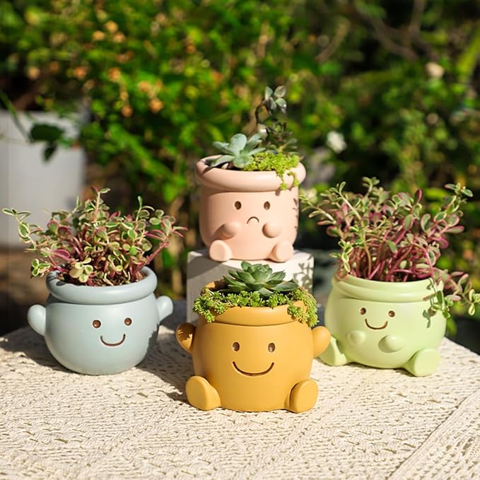 Cute Face Planter Pot, Small Resin Head Planters for Indoor Plants, Funny Smiling Face Flower Pot Succulent Planter with Drainage Hole, Gift IdeaI for Birthday Christmas (Orange)
