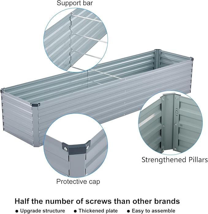 2 Pack 6x1.5x1FT Galvanized Raised Garden Bed Kit, Outdoor Metal Planter Box for Vegetables, Bottomless Rectangular Gardening Bed with Support Rods, Tool-Free Assembly, Gray