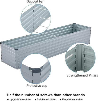 2 Pack 6x1.5x1FT Galvanized Raised Garden Bed Kit, Outdoor Metal Planter Box for Vegetables, Bottomless Rectangular Gardening Bed with Support Rods, Tool-Free Assembly, Gray