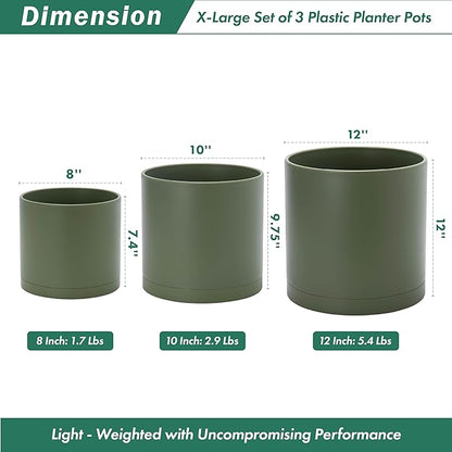 D'vine Dev 8 Inch 10 Inch 12 Inch, Set of 3 Plastic Planter Pots for Plants with Drainage Hole and Seamless Saucers, Olive, X-Large, 74-V-I-5