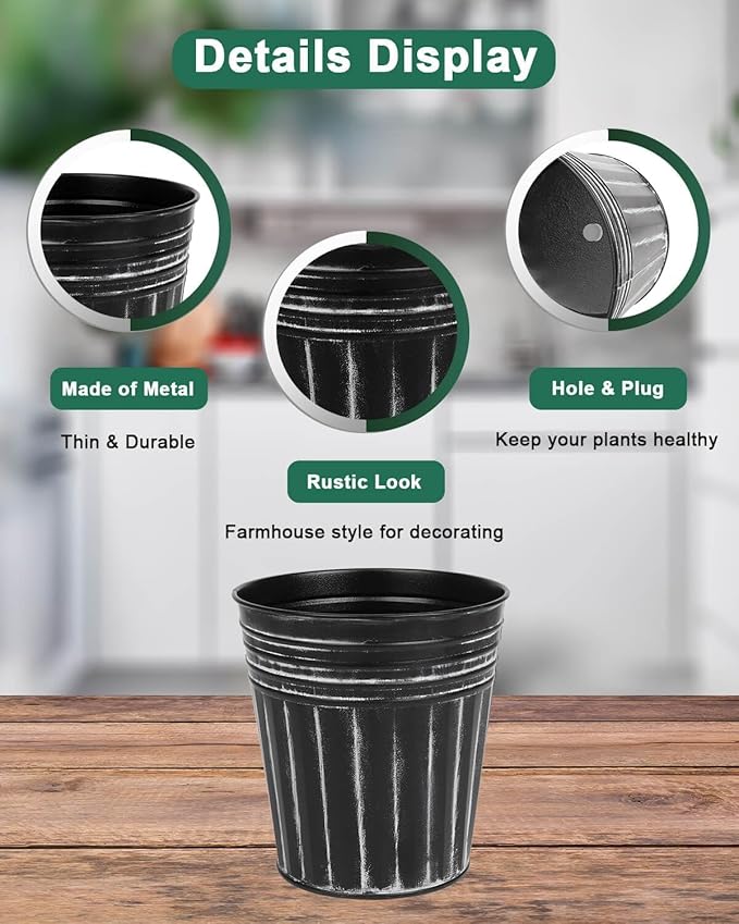 vensovo 5 Inch Black Metal Rustic Flower Pots - 6Pcs Medium Galvanized Planters with Drainage Hole and Rubber Plug, Rustproof Metal Bucket Plant Pots Farmhouse Vintage Style for Decor