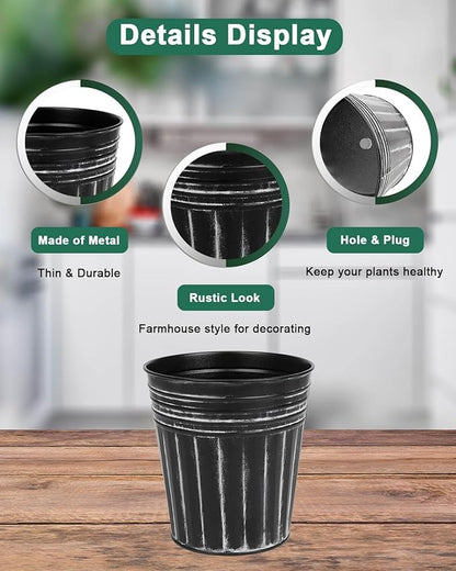 vensovo 6 Inch Black Metal Rustic Flower Pots - 6Pcs Galvanized Planters with Drainage Hole and Rubber Plug, Rustproof Metal Bucket Plant Pots Farmhouse Vintage Style for Decor