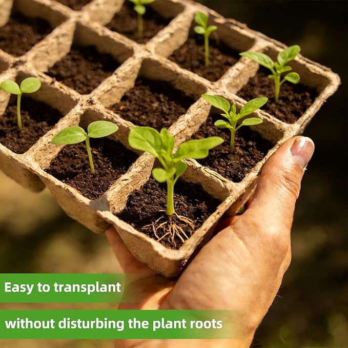 Seed Starter Tray - 300 Cells Biodegradable Peat Pots for Seedlings, 25 Packs Garden Germination Seedling Starter Trays with Drain Holes, Organic Seed Starter Kit with Plant Labels(Khaki)