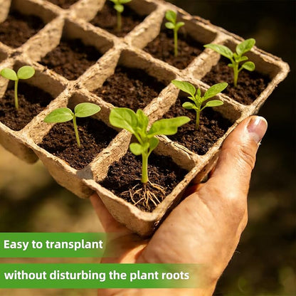 Seed Starter Tray - 300 Cells Biodegradable Peat Pots for Seedlings, 25 Packs Garden Germination Seedling Starter Trays with Drain Holes, Organic Seed Starter Kit with Plant Labels(Khaki)