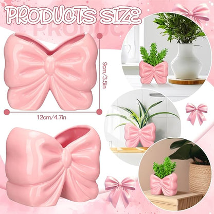 2 Pcs Coquette Bow Succulent Pots with Drainage Pink Bowtie Ceramic Planter Pots Plants Holder Bowtie Shaped Cactus Flower Container for Home and Office Desk Display Coquette Party Decoration