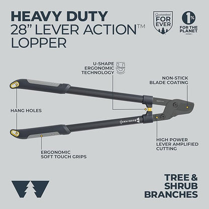 Woodland Tools Heavy Duty Lopper – 28 Inch Lever-Action Branch Cutter with Bypass Blade and Non Slip Grip – Manual Tree Limb Cutter for Thick Branches and Tough Yard Work