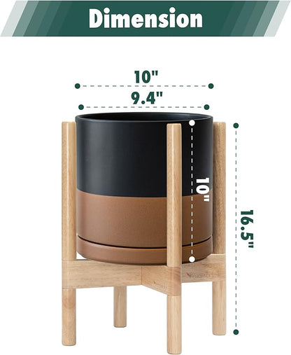 D'vine Dev Ceramic Planter with Natural Stand - 10 Inch Modern Round Flower Pot with Wood Planter Holder, Black/Speckled Tan, 55-B-K-7
