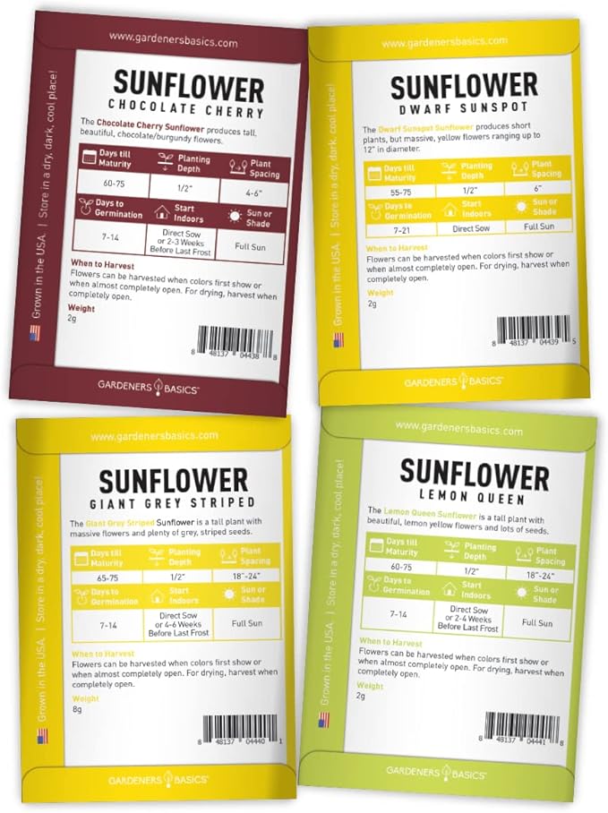 Gardeners Basics Sunflower Seeds for Planting Flowers - Velvet Queen, Skyscraper, Lemon Queen, Giant, Autumn Beauty, Chocolate Cherry, Dwarf Sunspot and Mammoth Bulk Outdoor Flower Garden, Pack of 8