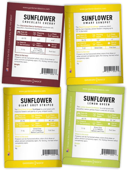Gardeners Basics Sunflower Seeds for Planting Flowers - Velvet Queen, Skyscraper, Lemon Queen, Giant, Autumn Beauty, Chocolate Cherry, Dwarf Sunspot and Mammoth Bulk Outdoor Flower Garden, Pack of 8