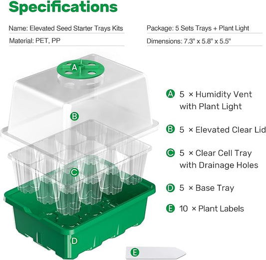 Bonviee 10 Packs Seed Starter Tray with Elevated Lid, 120 Cells Thicken Seed Starting Trays Kit with Adjustable Humidity Vent, Clear Cell Tray and Heightened Lids for Greenhouse & Gardens, Green